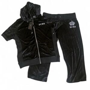 BCBGMaxAzria Black Velour tracksuit! Hoodie with Embroidery and pants!
